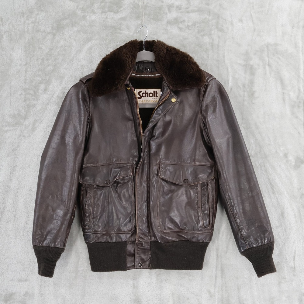 Schott NYC Vtg Leather Flight Bomber Jacket Fur Collar Lining Mens Size 34 USA